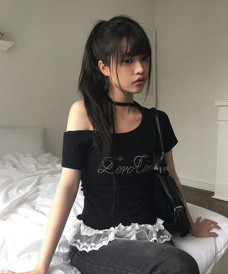 半袖Tシャツ 【タイ付き】レースワンオフストラップ半袖Tシャツ BLACK