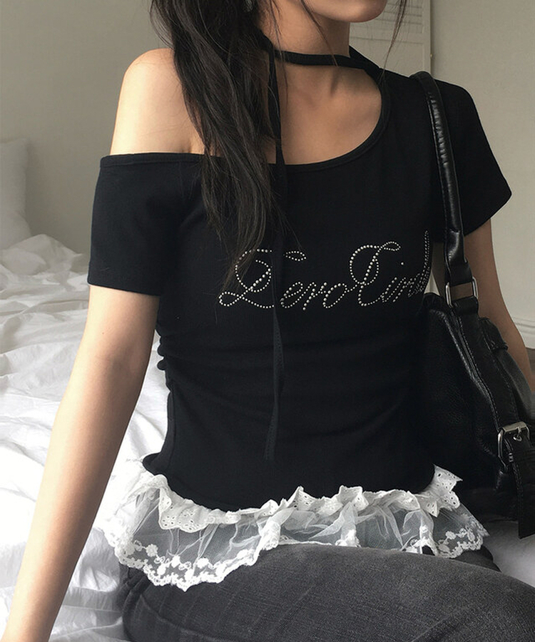 半袖Tシャツ 【タイ付き】レースワンオフストラップ半袖Tシャツ BLACK