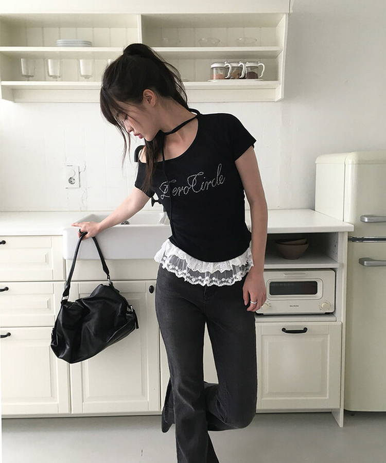 半袖Tシャツ 【タイ付き】レースワンオフストラップ半袖Tシャツ BLACK