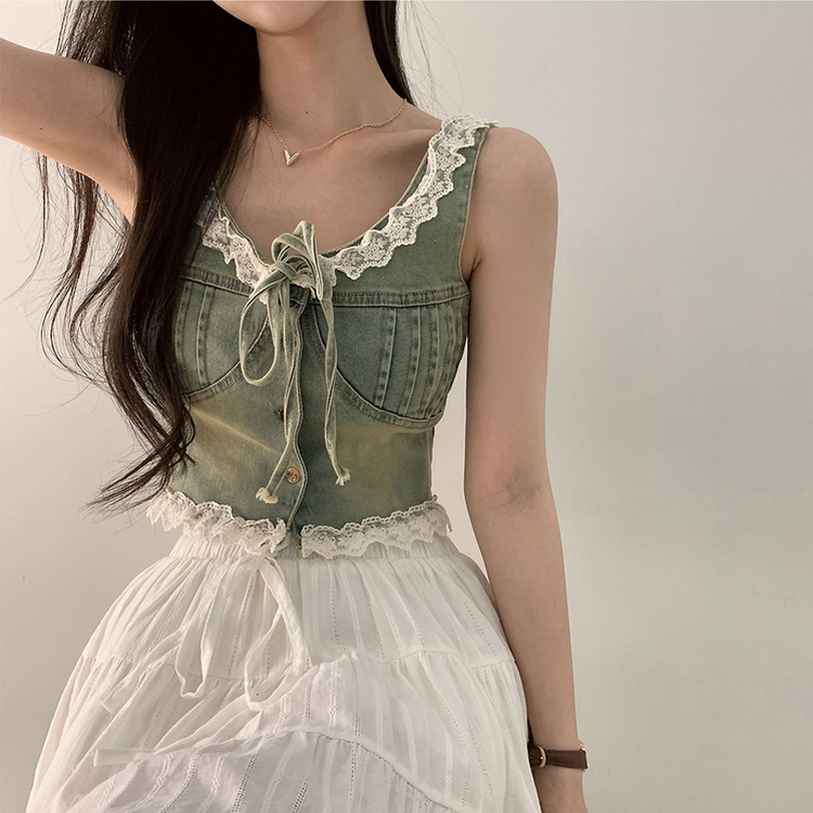 レースデニムコルセットビスチェ｜ノースリーブ｜韓国ファッション通販