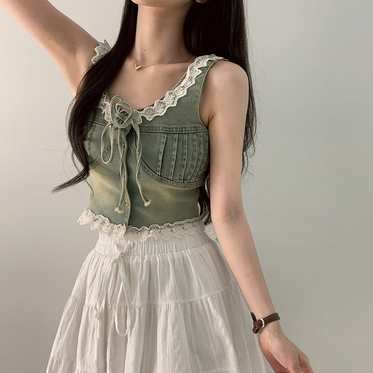 レースデニムコルセットビスチェ｜ノースリーブ｜韓国ファッション通販