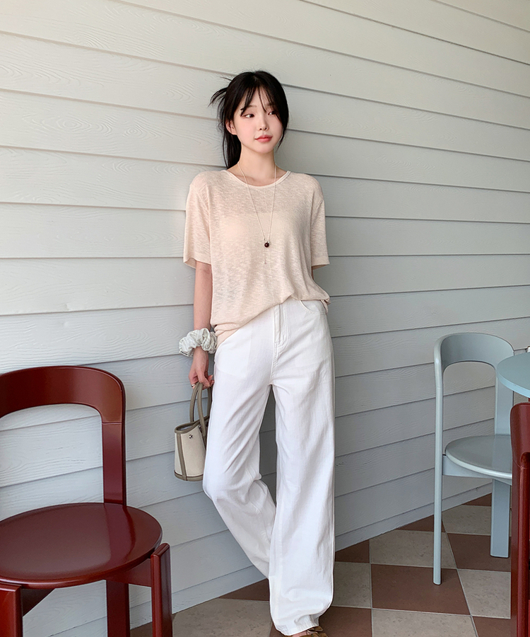 半袖Tシャツ ラインUネック半袖Tシャツ CREAM BEIGE