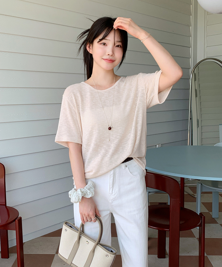 半袖Tシャツ ラインUネック半袖Tシャツ CREAM BEIGE
