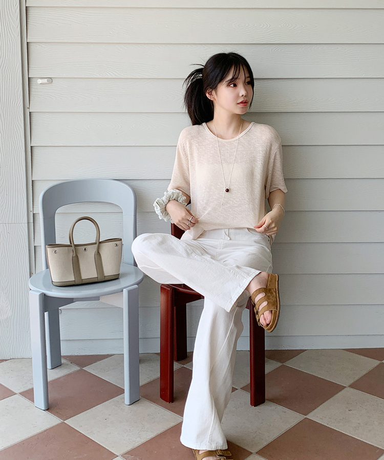半袖Tシャツ ラインUネック半袖Tシャツ CREAM BEIGE