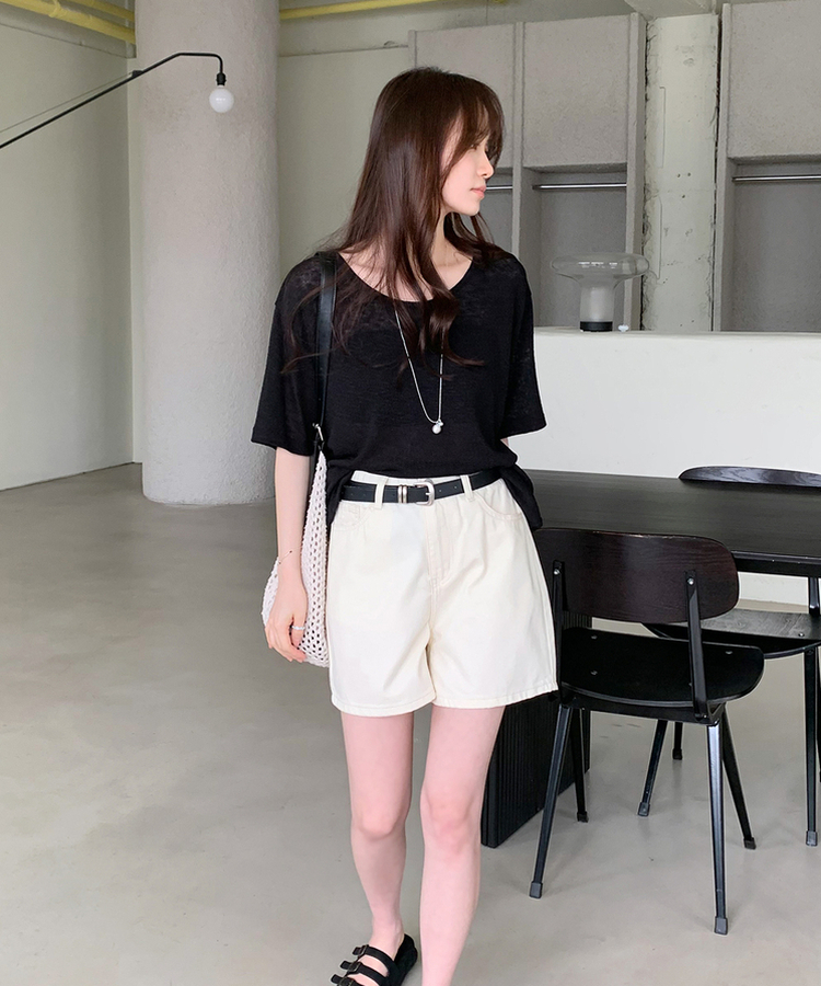 半袖Tシャツ ラインUネック半袖Tシャツ BLACK