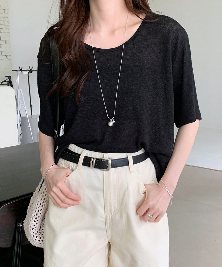 半袖Tシャツ ラインUネック半袖Tシャツ BLACK