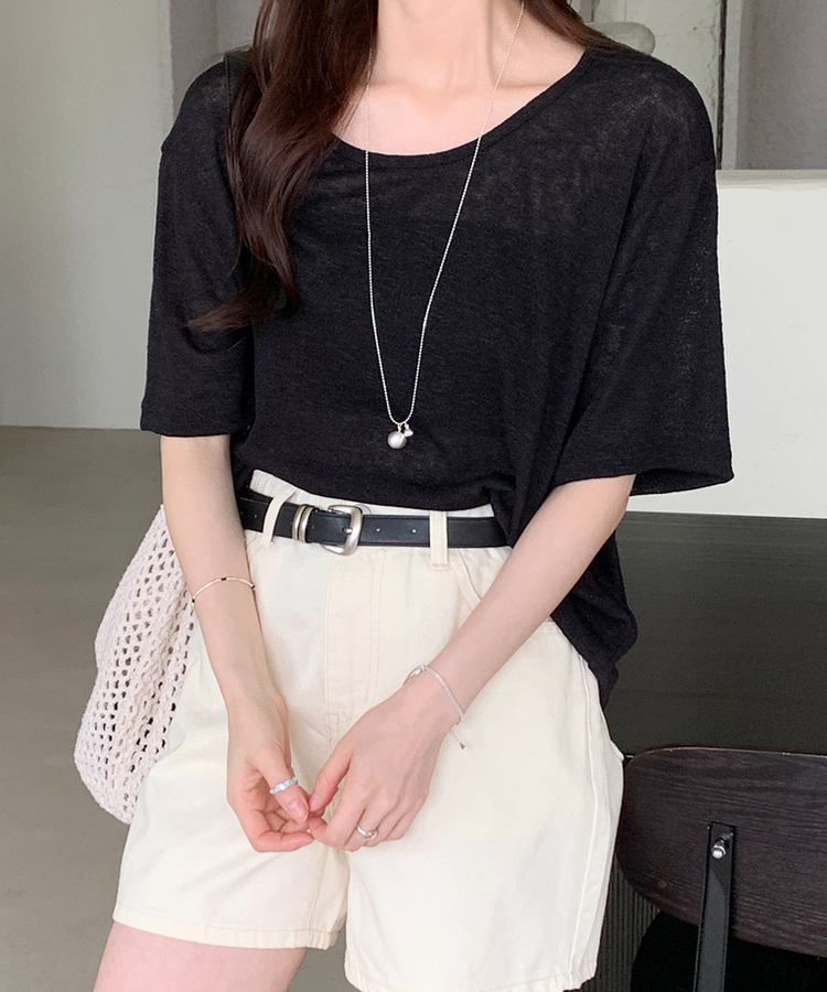 半袖Tシャツ ラインUネック半袖Tシャツ BLACK