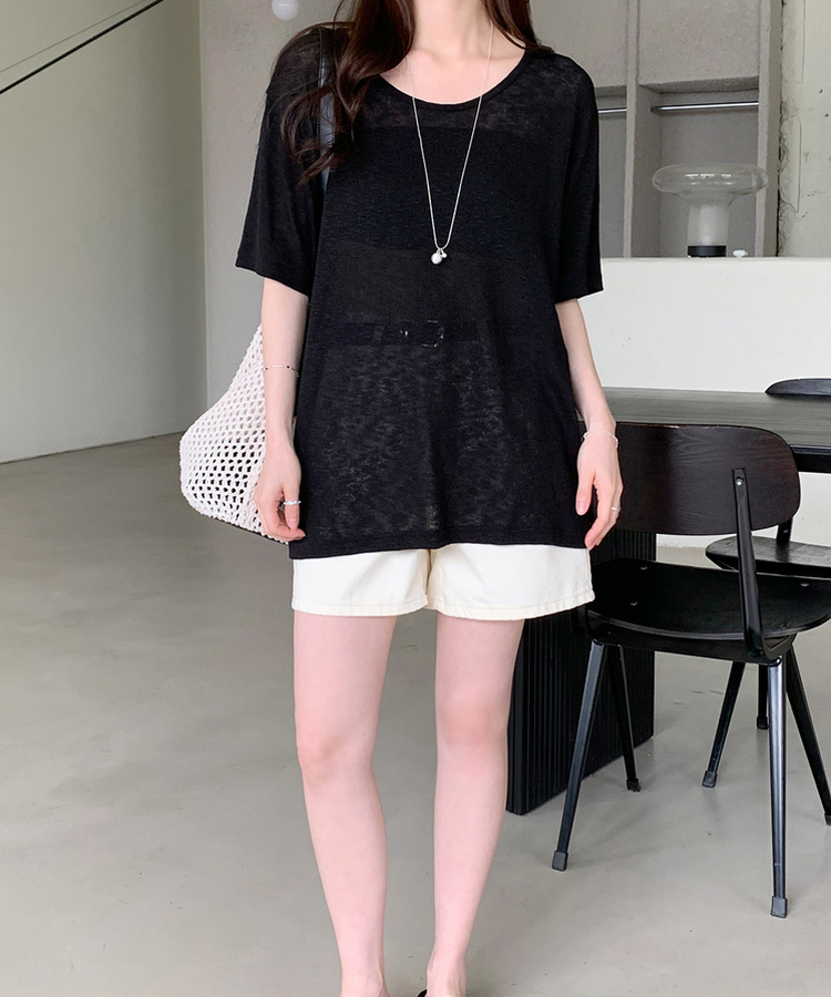 半袖Tシャツ ラインUネック半袖Tシャツ BLACK