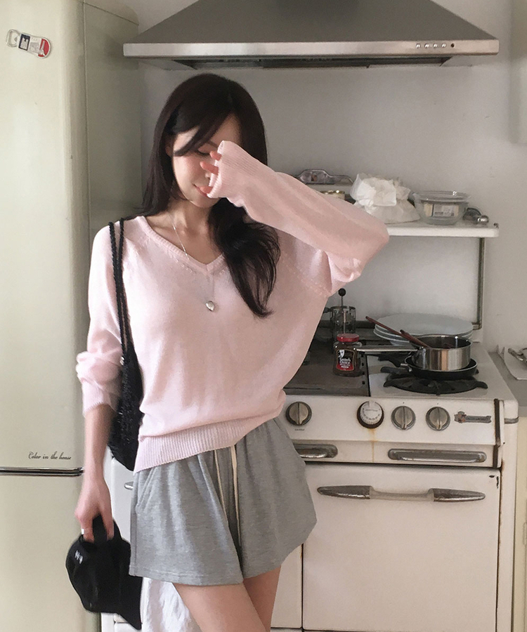 ニット シースルーVネックルーズニット(5color) PINK