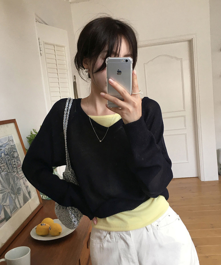 ニット シースルーVネックルーズニット(5color) NAVY