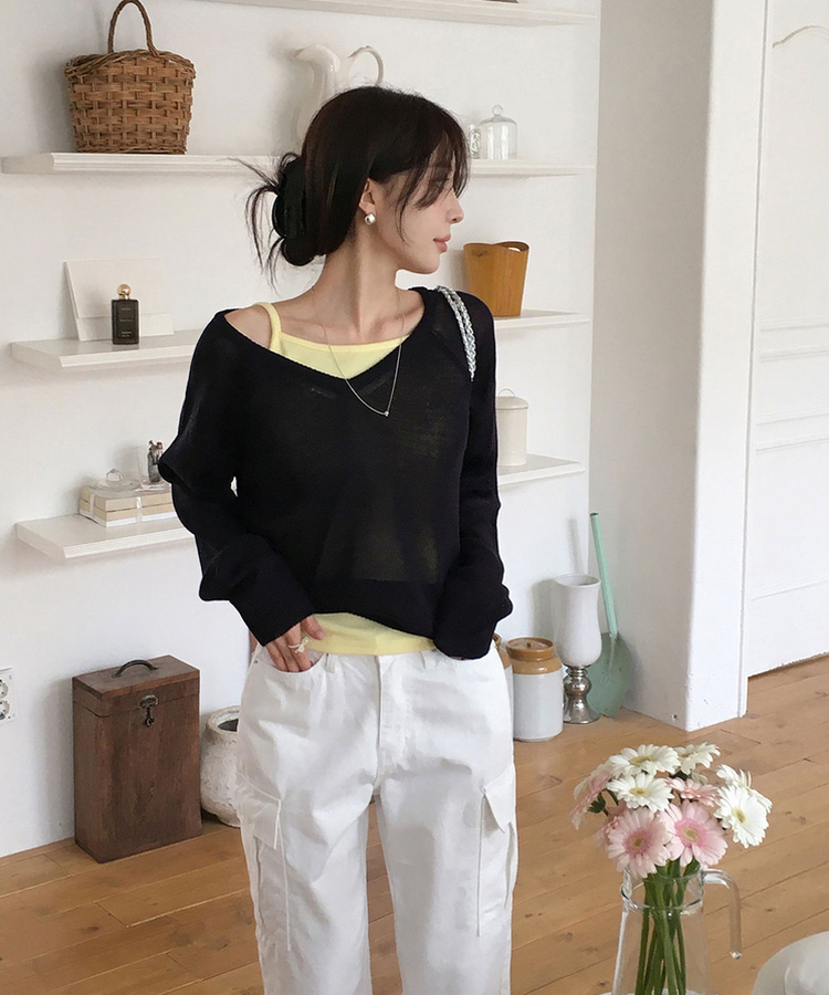 ニット シースルーVネックルーズニット(5color) NAVY