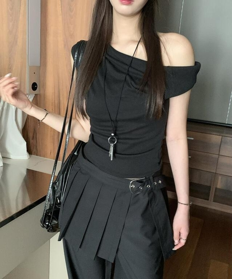 ノースリーブ アンバランスドレープキャミソール(6color) BLACK
