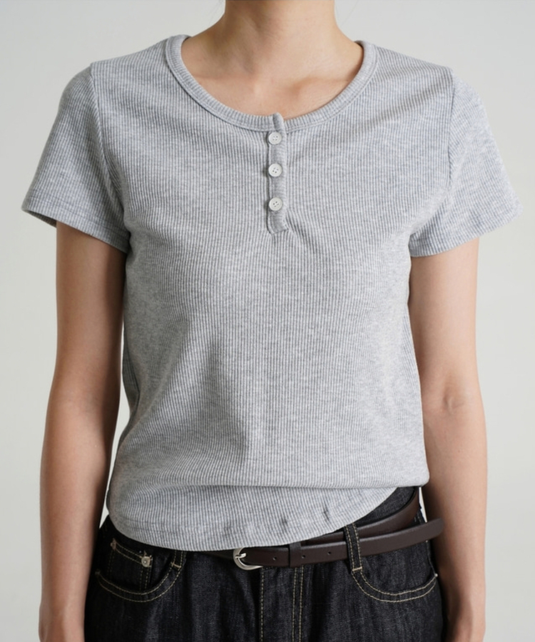 半袖Tシャツ ボタンラウンド無地半袖Tシャツ GREY