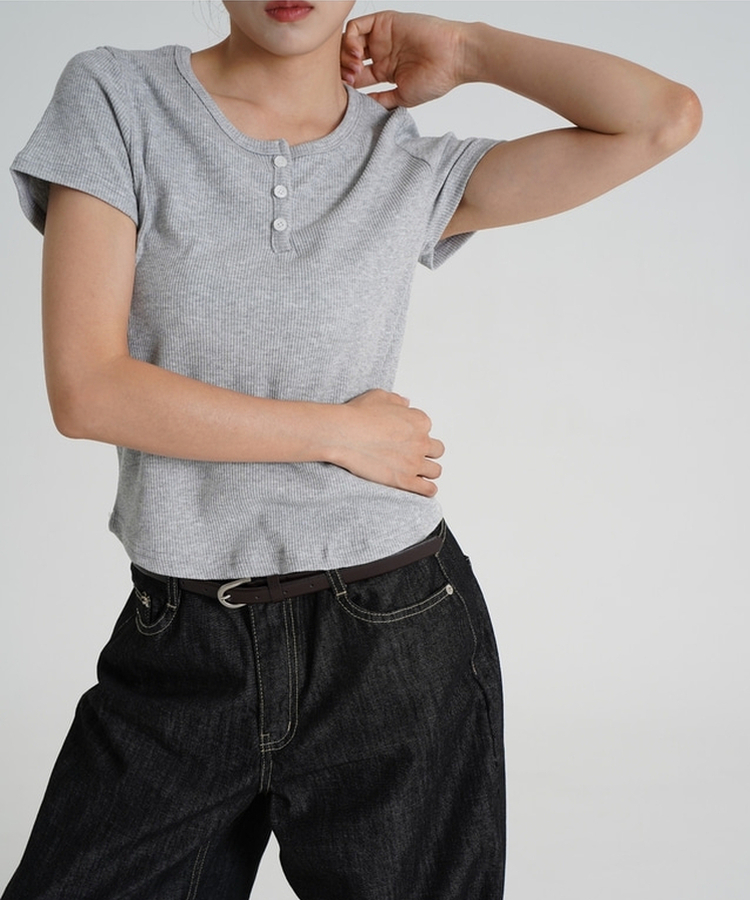半袖Tシャツ ボタンラウンド無地半袖Tシャツ GREY