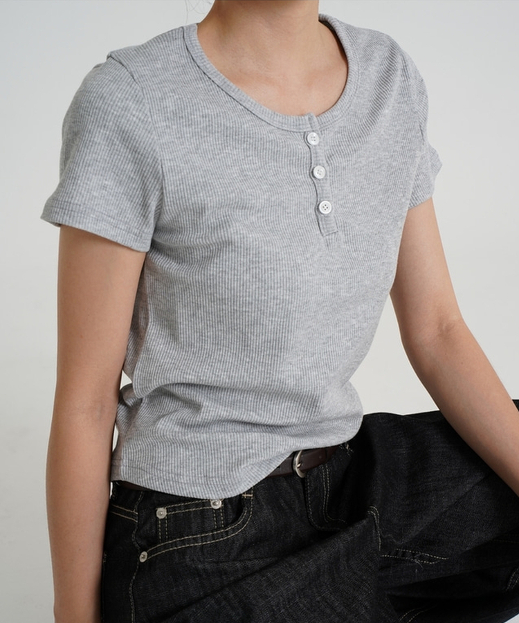 半袖Tシャツ ボタンラウンド無地半袖Tシャツ GREY