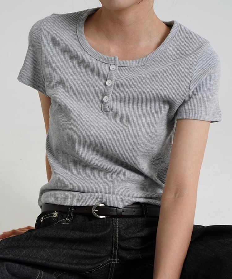 半袖Tシャツ ボタンラウンド無地半袖Tシャツ GREY