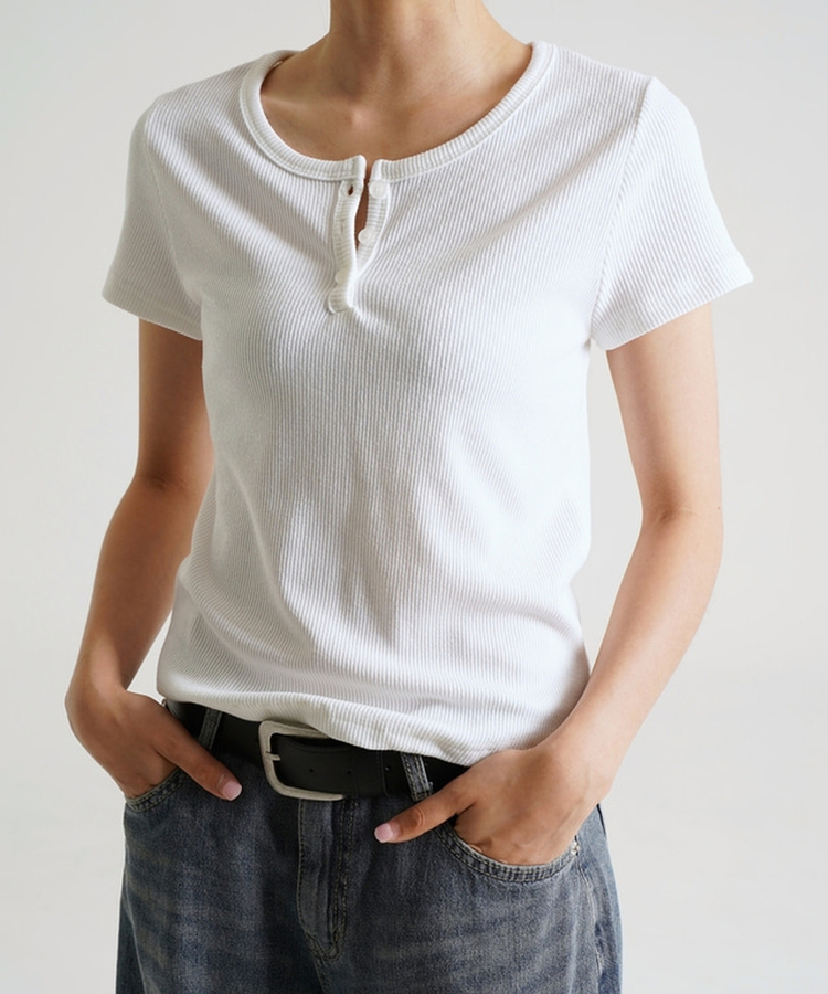半袖Tシャツ ボタンラウンド無地半袖Tシャツ IVORY