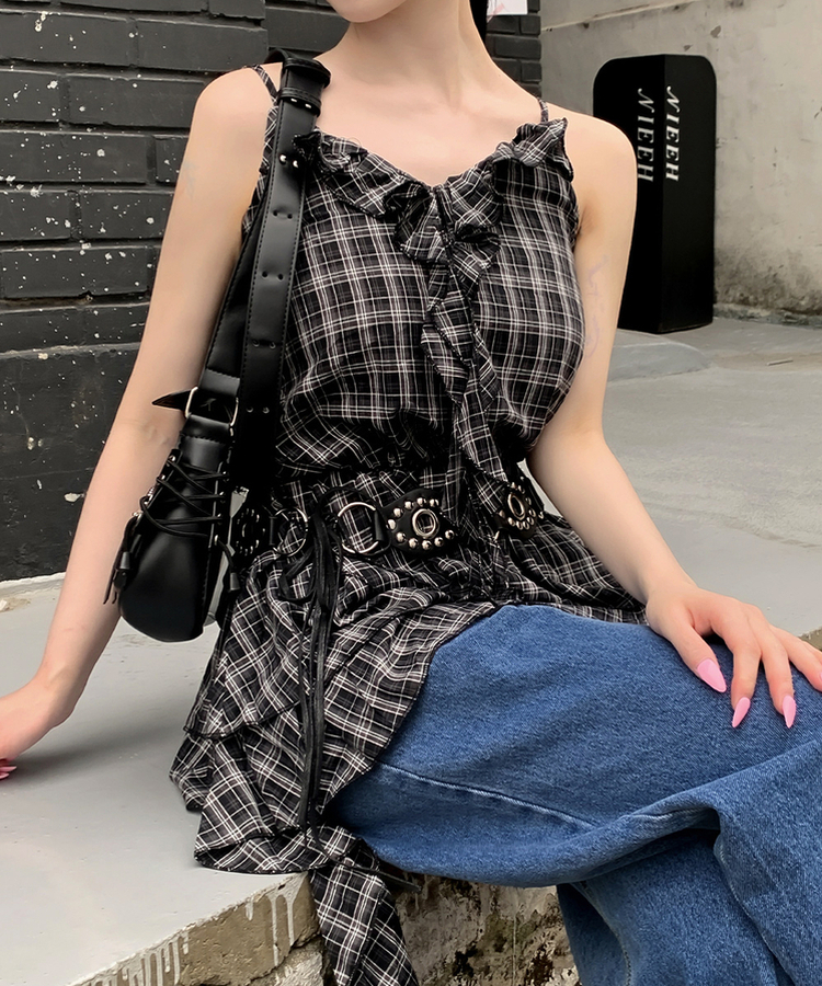 ブラウス チェックフリルキャミソール BLACK