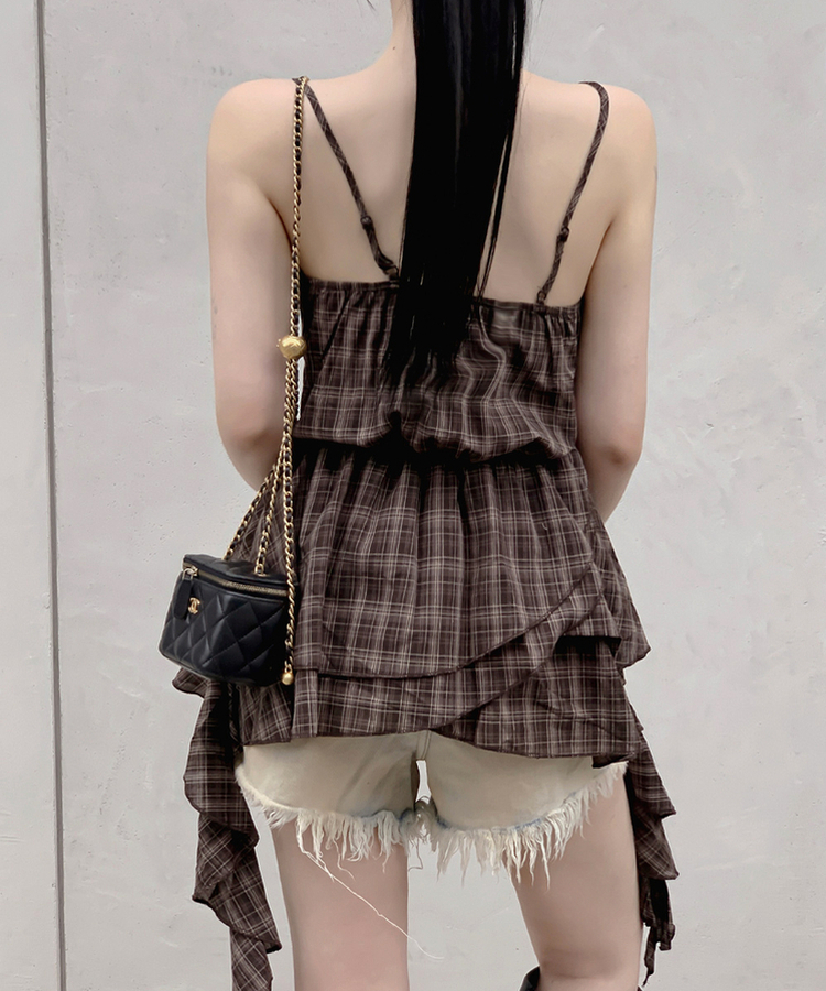 ブラウス チェックフリルキャミソール BROWN