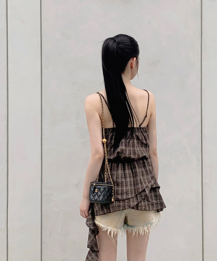 ブラウス チェックフリルキャミソール BROWN