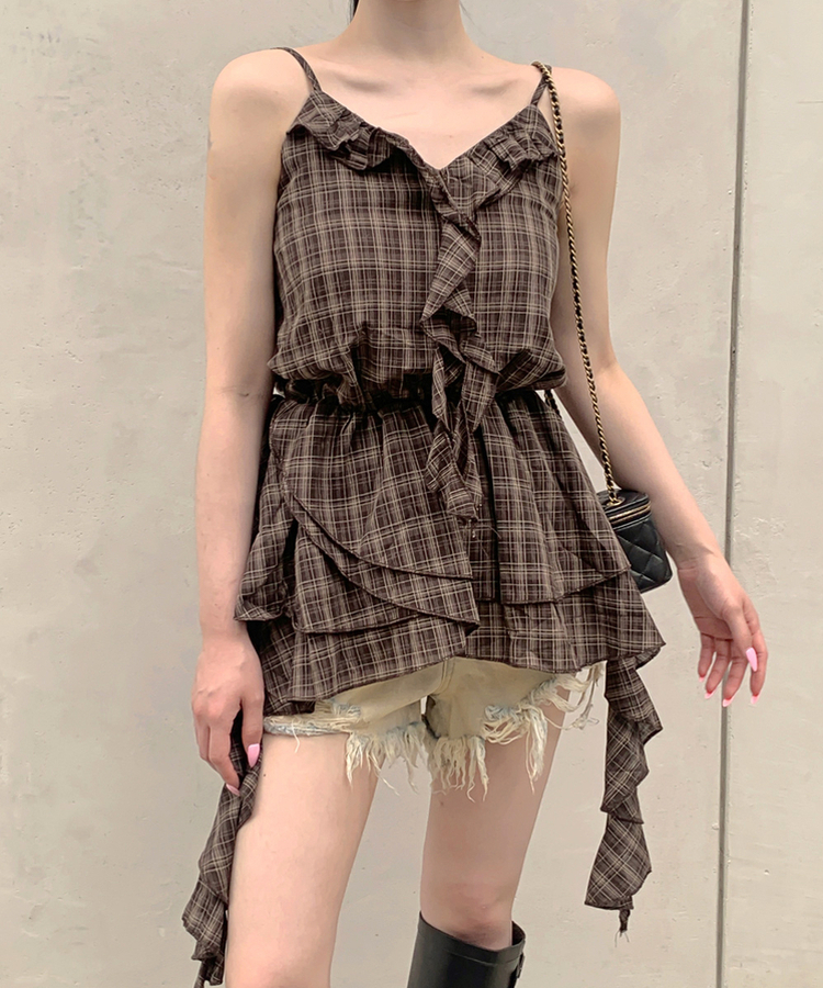 ブラウス チェックフリルキャミソール BROWN