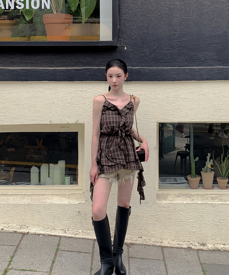 ブラウス チェックフリルキャミソール BROWN