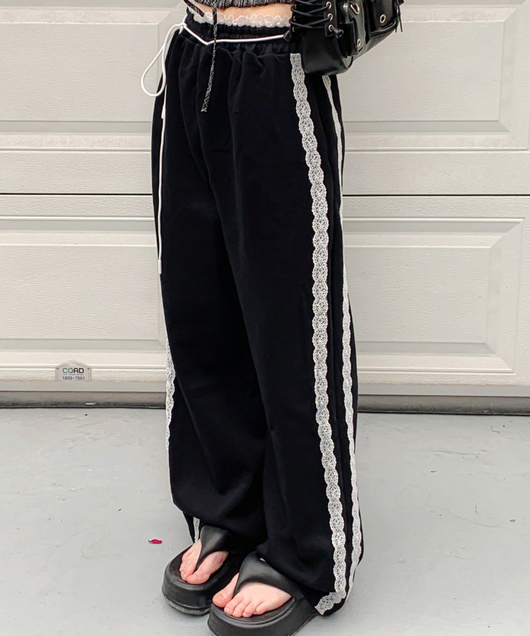 コットンパンツ レースリボンバンディングワイドトレーニングパンツ BLACK