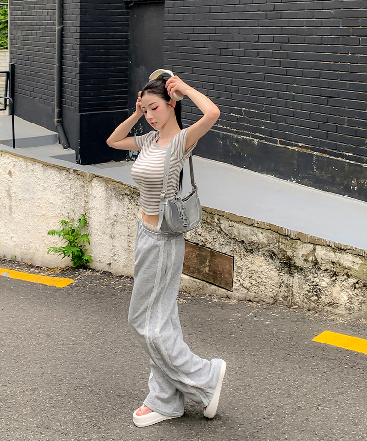 コットンパンツ レースリボンバンディングワイドトレーニングパンツ GREY