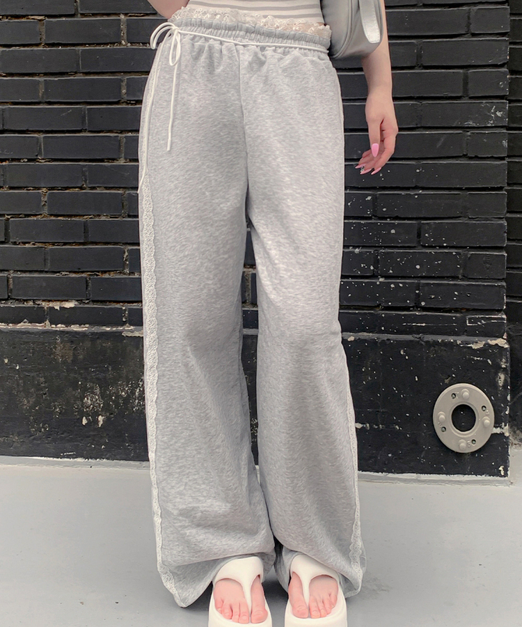 コットンパンツ レースリボンバンディングワイドトレーニングパンツ GREY