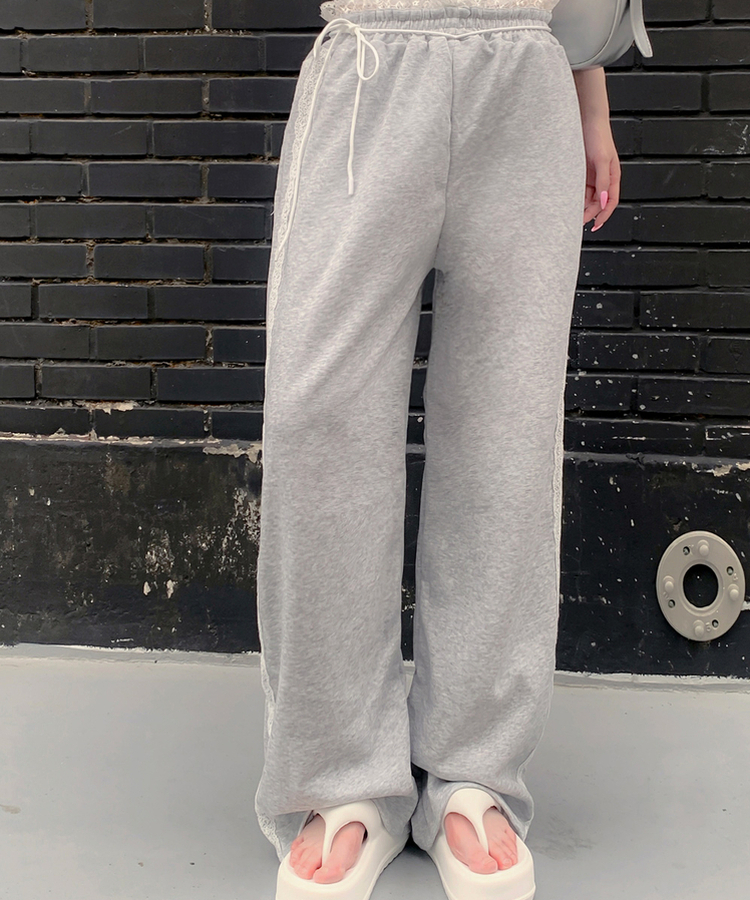 コットンパンツ レースリボンバンディングワイドトレーニングパンツ GREY