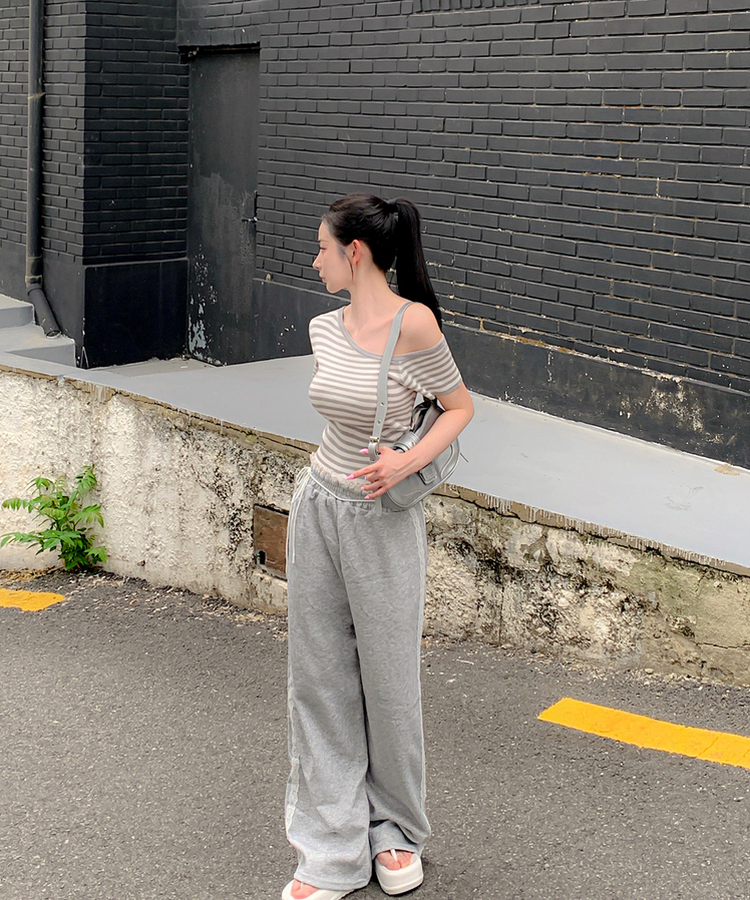コットンパンツ レースリボンバンディングワイドトレーニングパンツ GREY