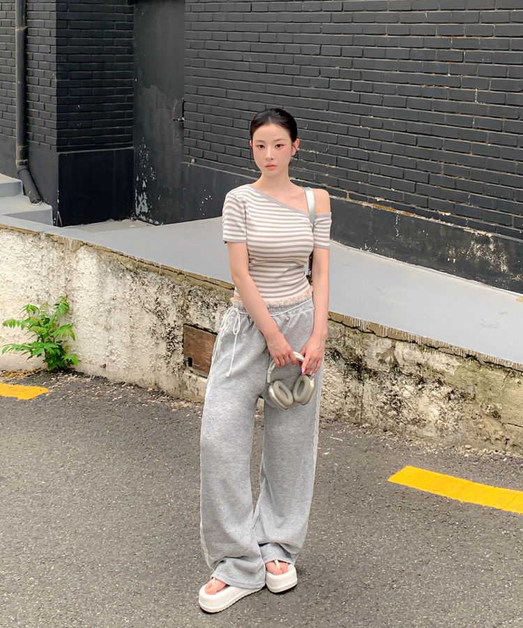 コットンパンツ レースリボンバンディングワイドトレーニングパンツ GREY