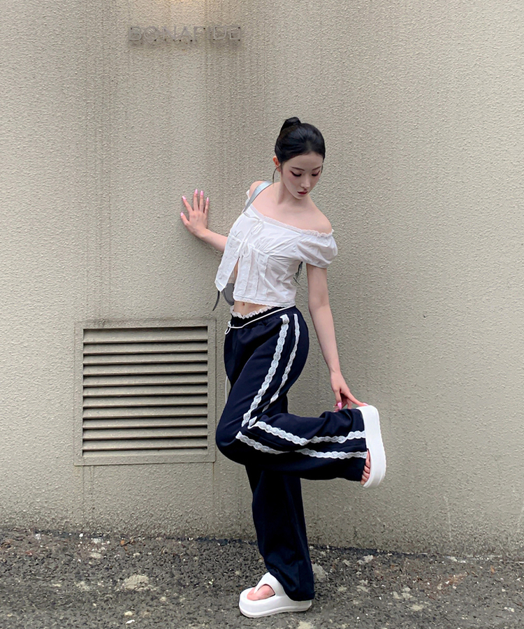 コットンパンツ レースリボンバンディングワイドトレーニングパンツ NAVY