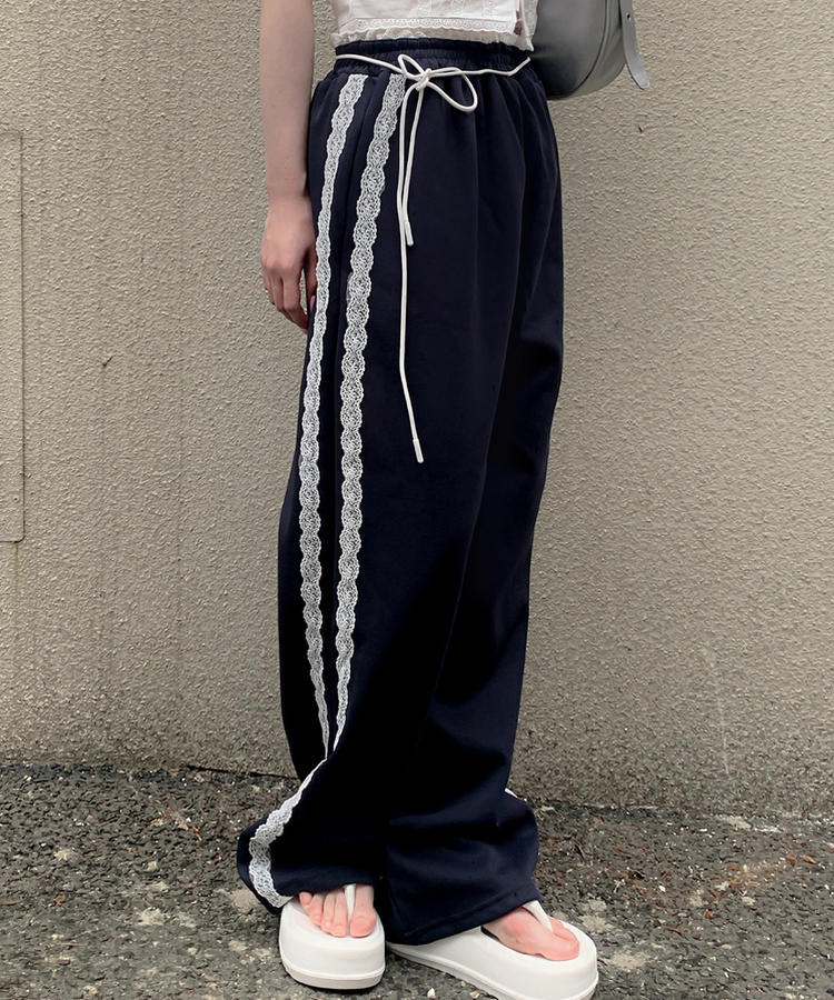 コットンパンツ レースリボンバンディングワイドトレーニングパンツ NAVY