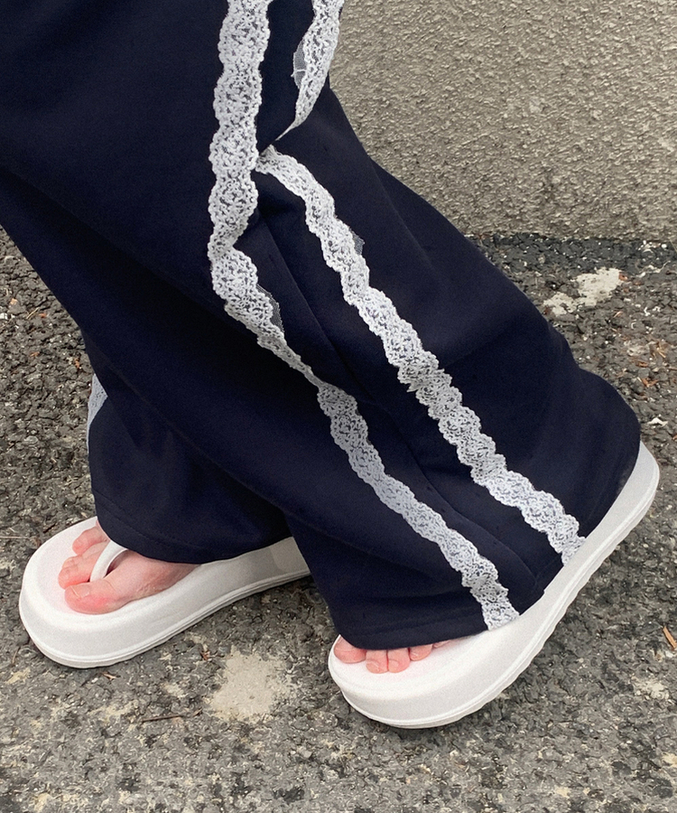 コットンパンツ レースリボンバンディングワイドトレーニングパンツ NAVY