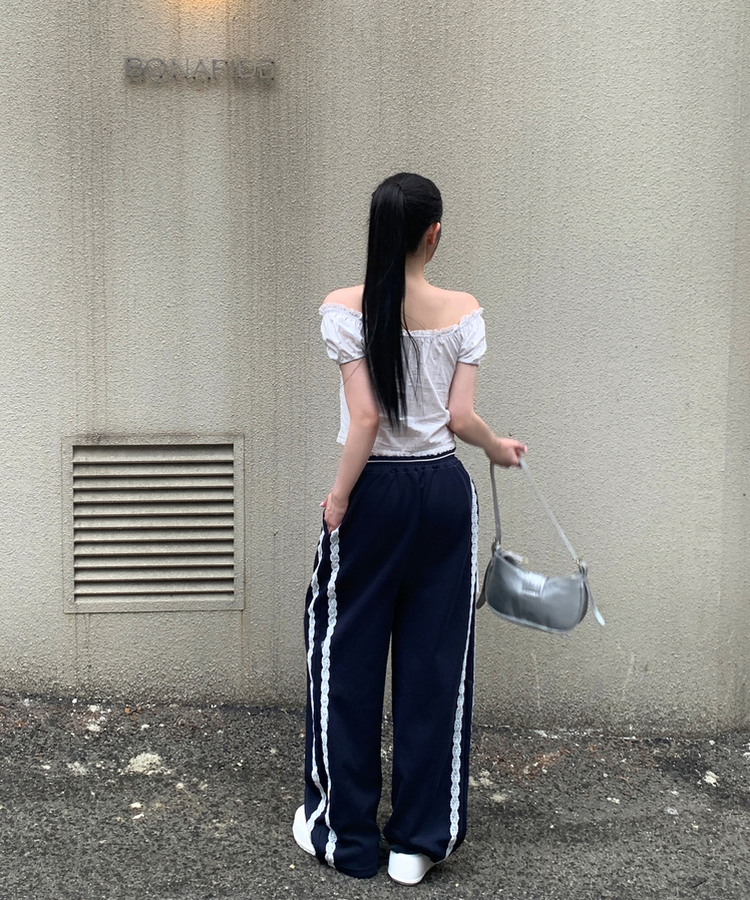 コットンパンツ レースリボンバンディングワイドトレーニングパンツ NAVY