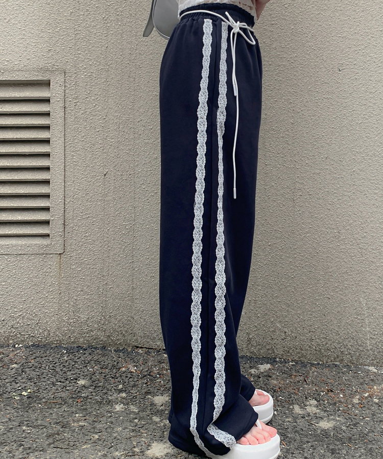 コットンパンツ レースリボンバンディングワイドトレーニングパンツ NAVY