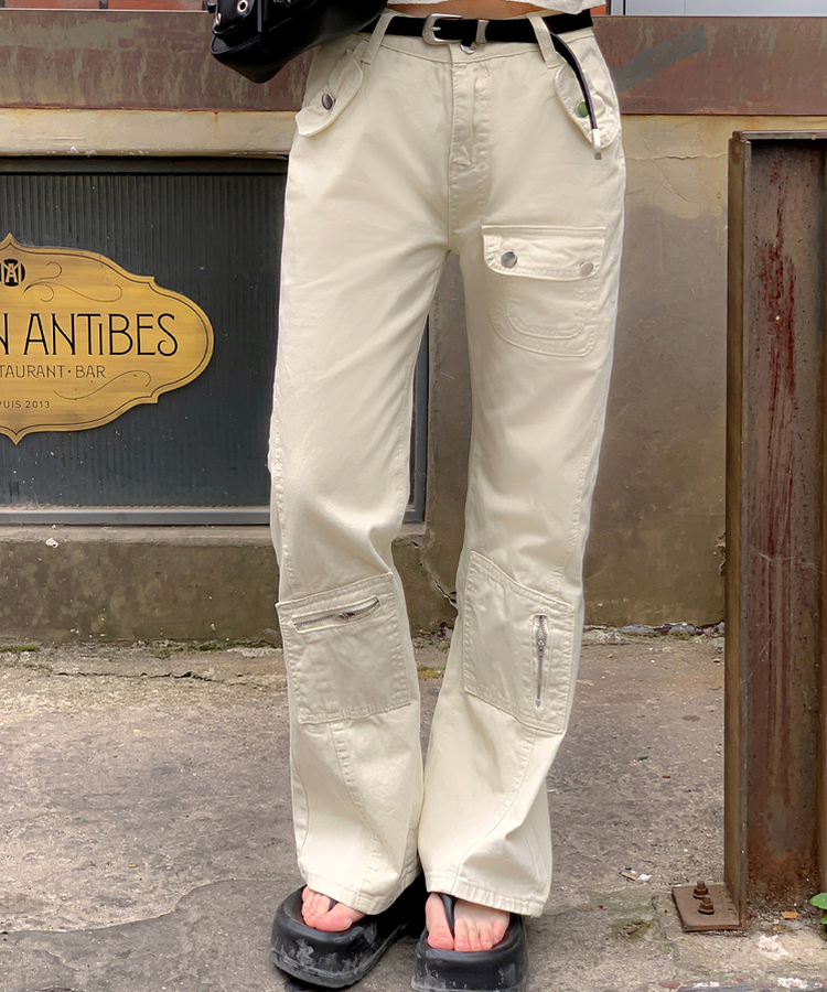 コットンパンツ ポケットファスナーブーツカットパンツ BEIGE