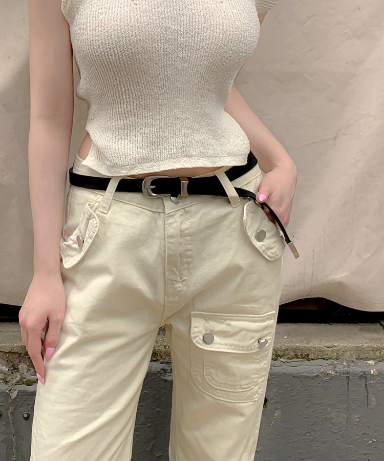 コットンパンツ ポケットファスナーブーツカットパンツ BEIGE