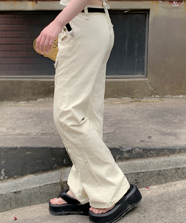 コットンパンツ ポケットファスナーブーツカットパンツ BEIGE