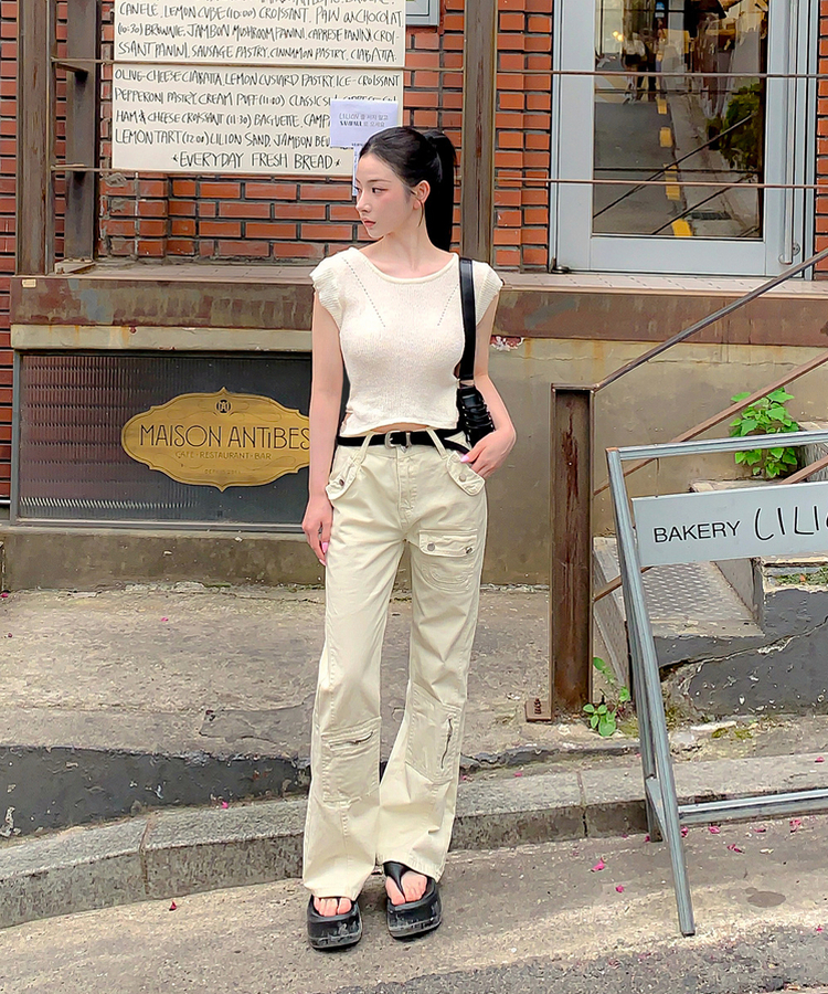 コットンパンツ ポケットファスナーブーツカットパンツ BEIGE