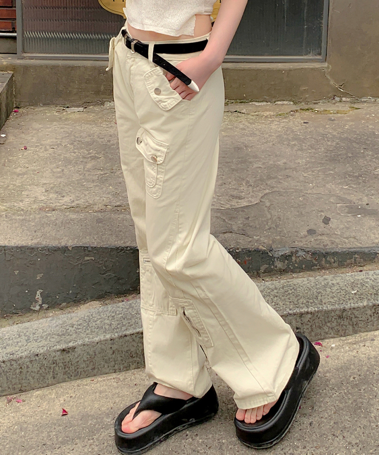 コットンパンツ ポケットファスナーブーツカットパンツ BEIGE
