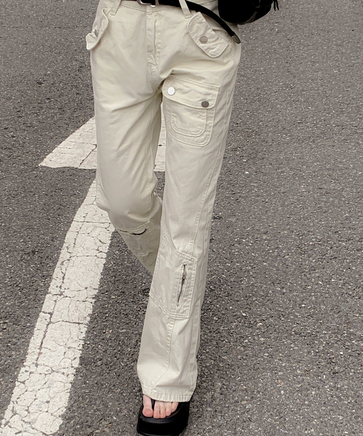 コットンパンツ ポケットファスナーブーツカットパンツ BEIGE