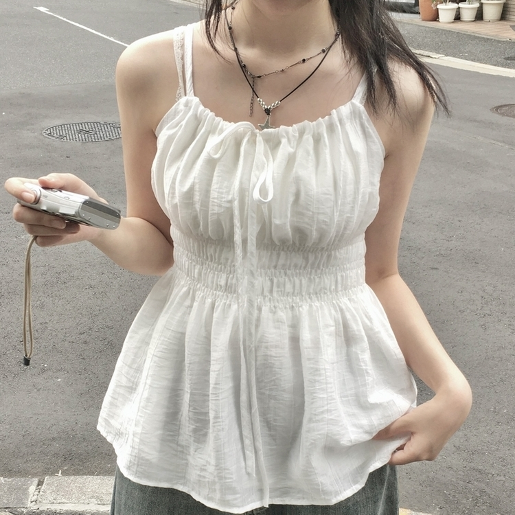 ノースリーブ リボンシャーリングキャミソール WHITE