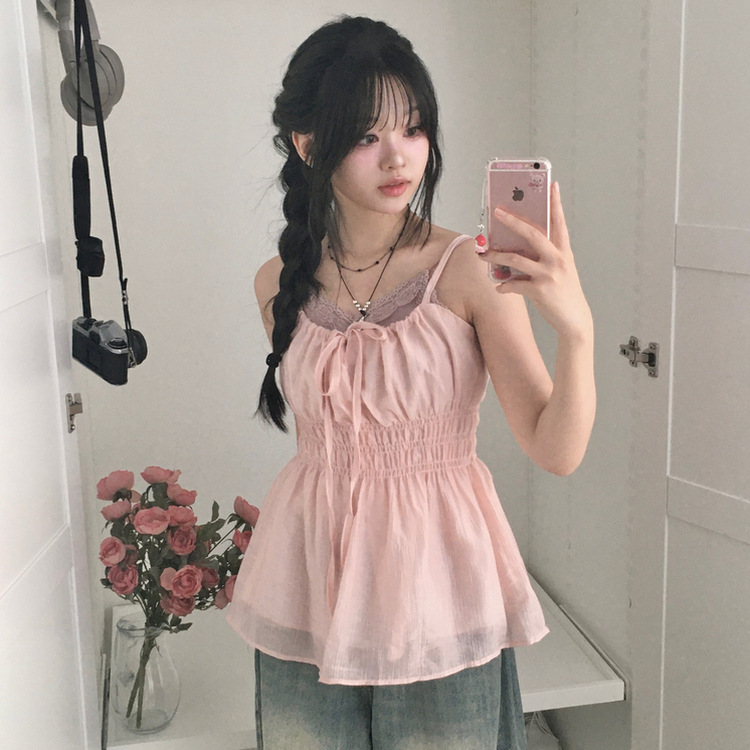 ノースリーブ リボンシャーリングキャミソール PINK