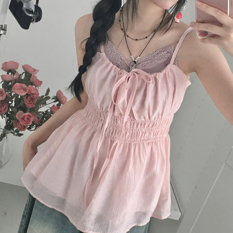 ノースリーブ リボンシャーリングキャミソール PINK