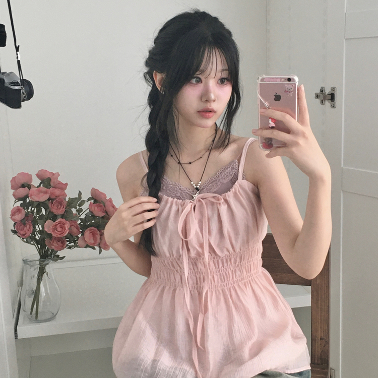 ノースリーブ リボンシャーリングキャミソール PINK