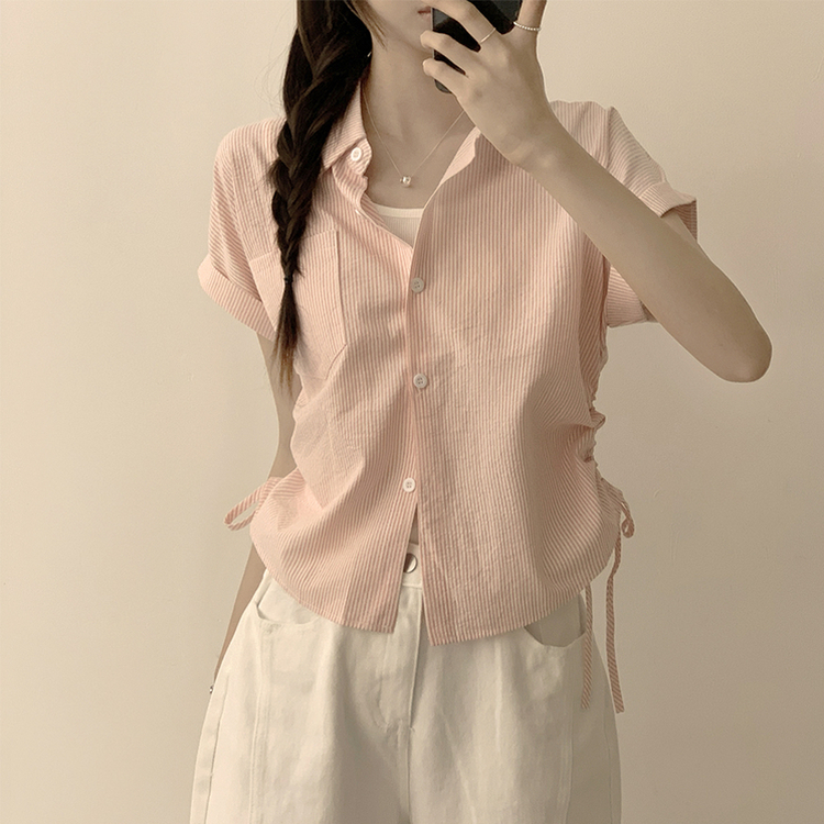 シャツ ストライプロールアップ半袖シャツ PINK