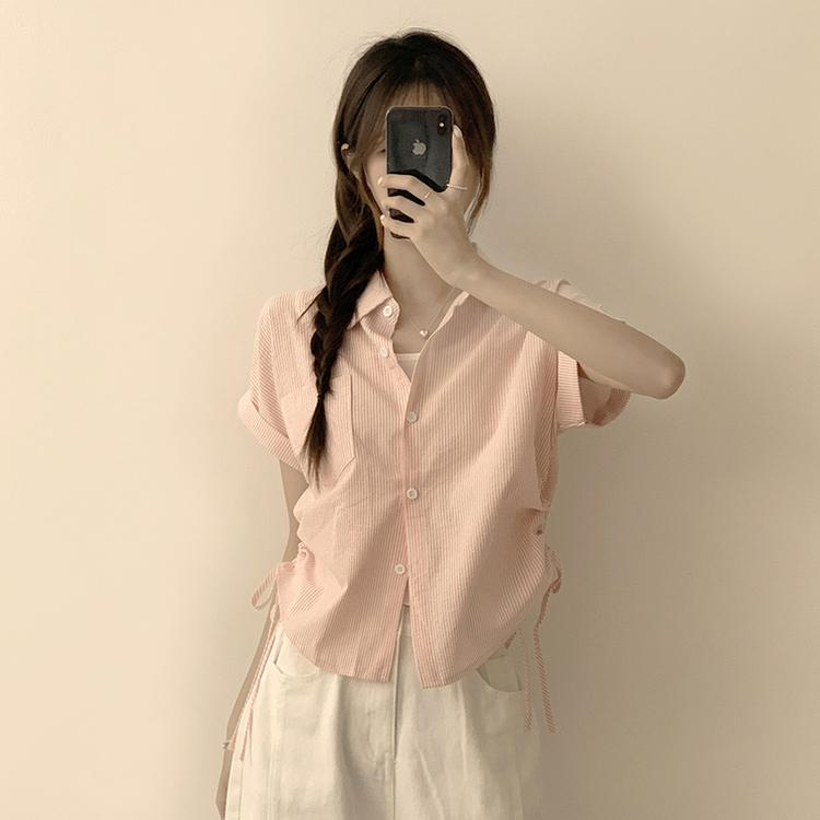 シャツ ストライプロールアップ半袖シャツ PINK