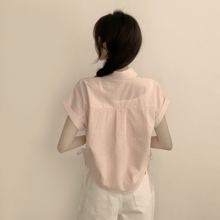 シャツ ストライプロールアップ半袖シャツ PINK